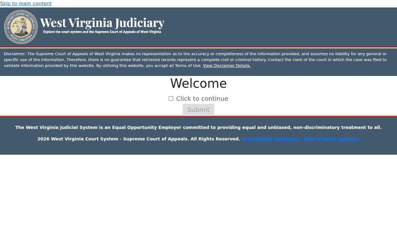 West Virginia Magistrate Case Record Search disclaimer screen